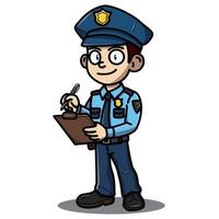 Cartoon illustration of a police officer in uniform holding a clipboard and pen. Ideal for themes related to law enforcement, reporting, and public service documentation. vector