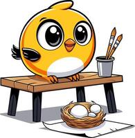 Kawaii finch building a nest and painting, natural and artistic artwork illustrator vector