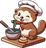 Adorable Otter Chef Cooking in the Kitchen - Kawaii otter with a miniature chef's hat and a mixing bowl illustration vector