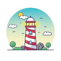 Landscape nature scenery of lighthouse tower building architecture landmark object illustration. famous pacific ocean place vector