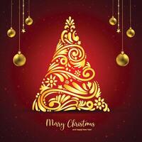 Artistic beautiful christmas golden tree celebration card on red background vector