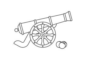 Black and white ancient pirate cannon flat design isolated on white background. Coloring page of cannon vector