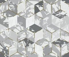 Grunge strokes geometrical cube camouflage print. Flooring mosaic marble tile design. Paint hexagon camo military pattern. White gold shade color, fashionable, fabric. Seamless urban texture vector