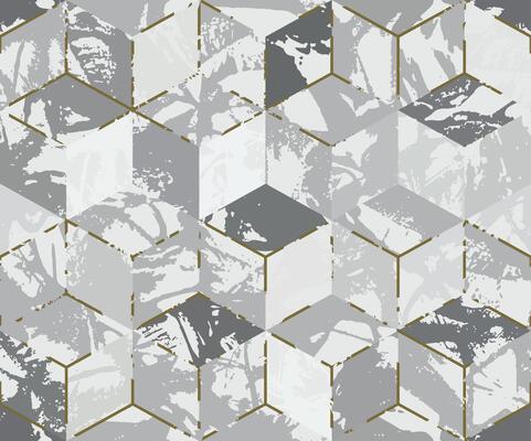 Grunge strokes geometrical cube camouflage print. Flooring mosaic marble tile design. Paint hexagon camo military pattern. White gold shade color, fashionable, fabric. Seamless urban texture