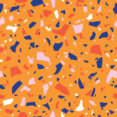 Terrazzo flooring texture. Polished pebble stone tile. Abstract bright blue and orange color seamless colorful pattern