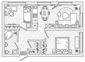 Floor plan of apartments. Standard home furniture symbols set used in architecture plans. Home planning icon set, graphic design elements. Big flat room top view plan vector