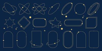 Modern aesthetic minimalist linear arch with different geometric shapes. Trendy linear frames with stars, geometric. Line elements set. Arch frame with sparkles for social media or poster design. vector