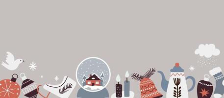 Winter background with hand drawn cute Christmas elements. Horizontal banner with place for text. Merry Christmas and New Year. vector