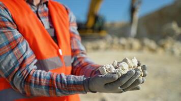 Worker engineer hold gravel in hand, checks quality at quarry, close up video
