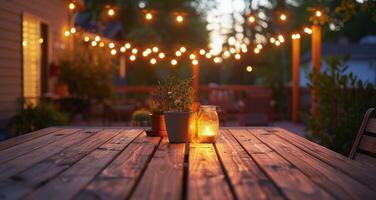 Wooden Patio Table With String Lights at Dusk photo