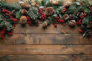 Festive Christmas Garland With Pine Cones and Red Berries on Wooden Background photo