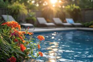 Orange Flowers Bloom Near Poolside Loungers At Sunset photo