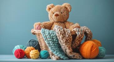Bear Sitting in a Basket With Yarn and a Knit Blanket photo