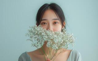 Young Woman With Dark Hair Holding Flowers and Looking at Camera photo