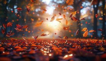 Autumn Leaves Falling on a Sunny Day in a Forest photo