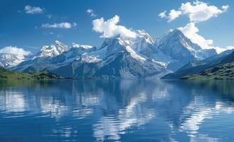 Picturesque Swiss Alps Lake Reflection On Sunny Day photo
