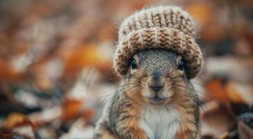 Squirrel Wearing Knit Hat in Autumn Forest photo