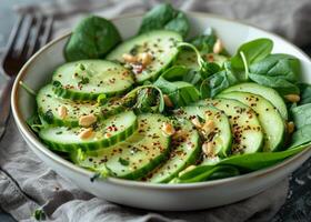 Fresh Cucumber and Spinach Salad With Sesame Seeds and Dressing photo