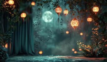 Illuminated Forest Path With Lanterns and Full Moon at Night photo
