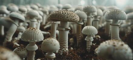 Close Up View of Cultivated Mushrooms Growing in a Controlled Environment photo