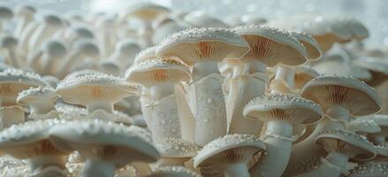 Close Up View of White Mushrooms Growing in a Cluster photo