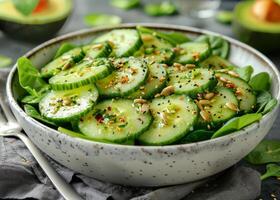 Fresh Cucumber and Spinach Salad With Sesame Seeds and Dressing photo