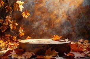Autumnal Wooden Platform Surrounded by Fallen Leaves photo