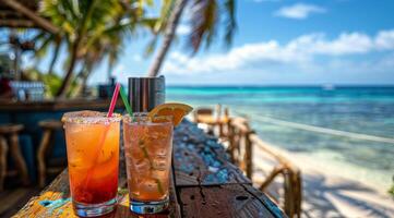 Two Tropical Cocktails on Wooden Table With Beach View in the Afternoon photo