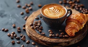 A Freshly Baked Croissant and a Cup of Latte With Coffee Beans on a Dark Background photo