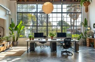 Modern Industrial Office Workspace With Natural Light and Greenery photo
