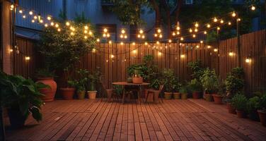 Evening Backyard Patio With String Lights and Wooden Deck photo