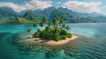 Aerial View of a Lush Tropical Island With Palm Trees and a Sandy Beach in the South Pacific photo