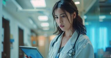 Female Doctor Using Digital Tablet in Modern Hospital Setting at Night photo