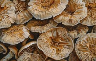 Close Up View of Brown Mushrooms With Gills photo