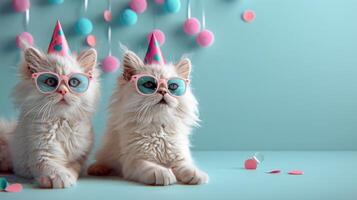 Three White Kittens Wearing Party Hats and Sunglasses Celebrate With Balloons photo