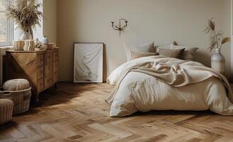 White Bedroom Interior Design With Natural Light and Wicker Decor photo