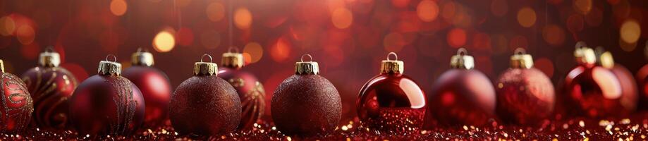 Red And Gold Christmas Ornaments On A Red Background With Bokeh Lights photo
