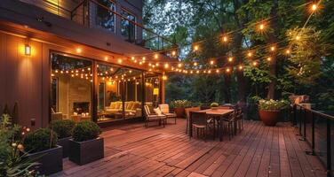 Cozy Evening Patio With Wicker Furniture and String Lights photo