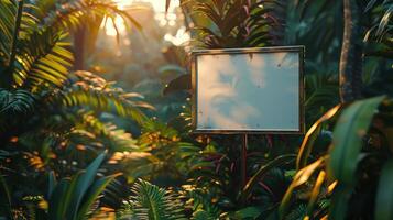 Blank Sign in Tropical Jungle at Sunset photo