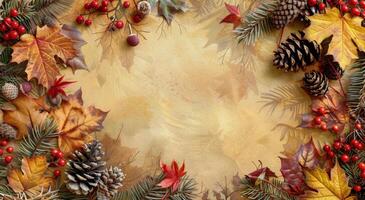 Fall Leaves, Pine Cones, and Berries Border on Beige Background photo