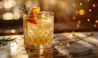 A Refreshing Cocktail Garnishing With Orange and Rosemary on a Marble Tabletop photo