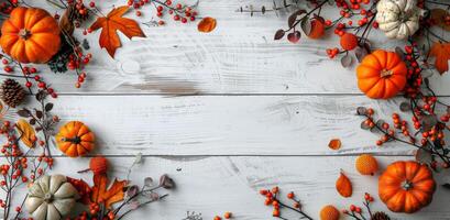 Whitewashed Wooden Plank Background With Fall Foliage and Pumpkins photo