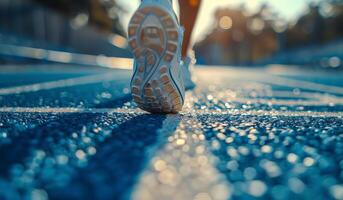 Runners Foot Crossing The Finish Line On A Blue Track photo