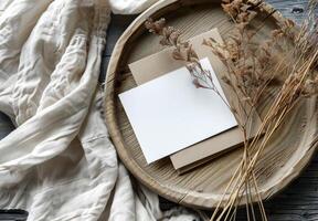 Blank White Card on Rustic Wooden Plate With Dried Grass on Cream Fabric photo