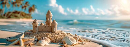 Detailed Sandcastle on a Tropical Beach With Sea Shells and Starfish photo