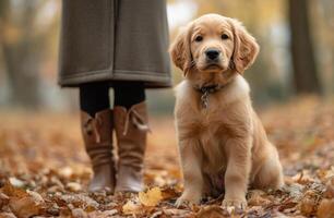 Golden retriever puppy exploring an autumn park filled with colorful fallen leaves photo