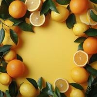 A colorful arrangement of citrus fruits and leaves on a vibrant yellow background photo