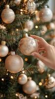 Decorating a festive Christmas tree with golden ornaments and twinkling lights indoors photo