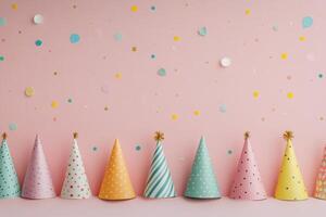 Colorful party hats with confetti against a pink background for a vibrant celebration photo
