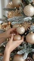 Decorating a festive Christmas tree with golden ornaments and twinkling lights indoors photo
